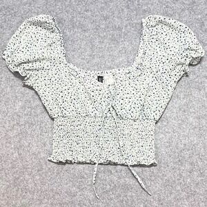 H&M Divided Floral Smocked Crop Top Blue Green Puff‎ Sleeve Square Neck XS
